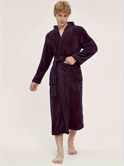 Men's Casual Nightgown, Soft And Comfortable Hooded Robes Full Length With Pockets, New , Plain Hooded Flannel