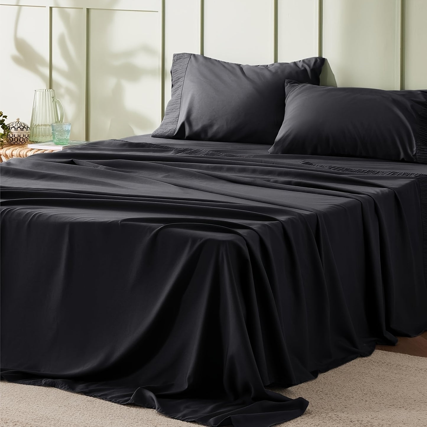 4pcs Luxurious Microfiber Sheet Set - 14" Deep Pocket, Exquisite Pinch Pleat, Shrink-Resistant, Fade-Resistant, Soft & Comfortable Bedding Set With Pillowcase, Flat Sheet, Fitted Sheet - Modern Design For All Season, Dorm Bedding For College Set