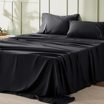4pcs Luxurious Microfiber Sheet Set - 14" Deep Pocket, Exquisite Pinch Pleat, Shrink-Resistant, Fade-Resistant, Soft & Comfortable Bedding Set With Pillowcase, Flat Sheet, Fitted Sheet - Modern Design For All Season, Dorm Bedding For College Set