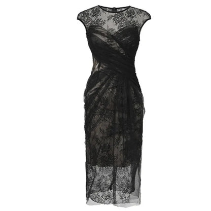 Basic Casual Dresses Women Fashion French Retro Maxi Dress Woman Sheer Mesh Lace Embroidery Skinny Robe Party Vestidos Prom Banquet Gown Femme