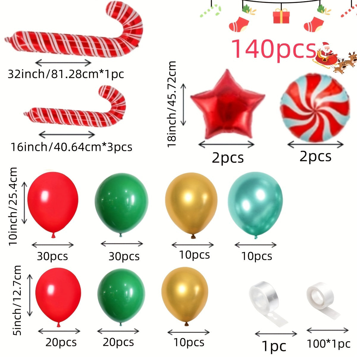 140pcs Golden Foil Latex & Aluminum Balloon Garland Arch Kit for Xmas Party Decorations with Candy Cane & Gift Box Balloons, Red, Green, Includes Balloon Tying Tools