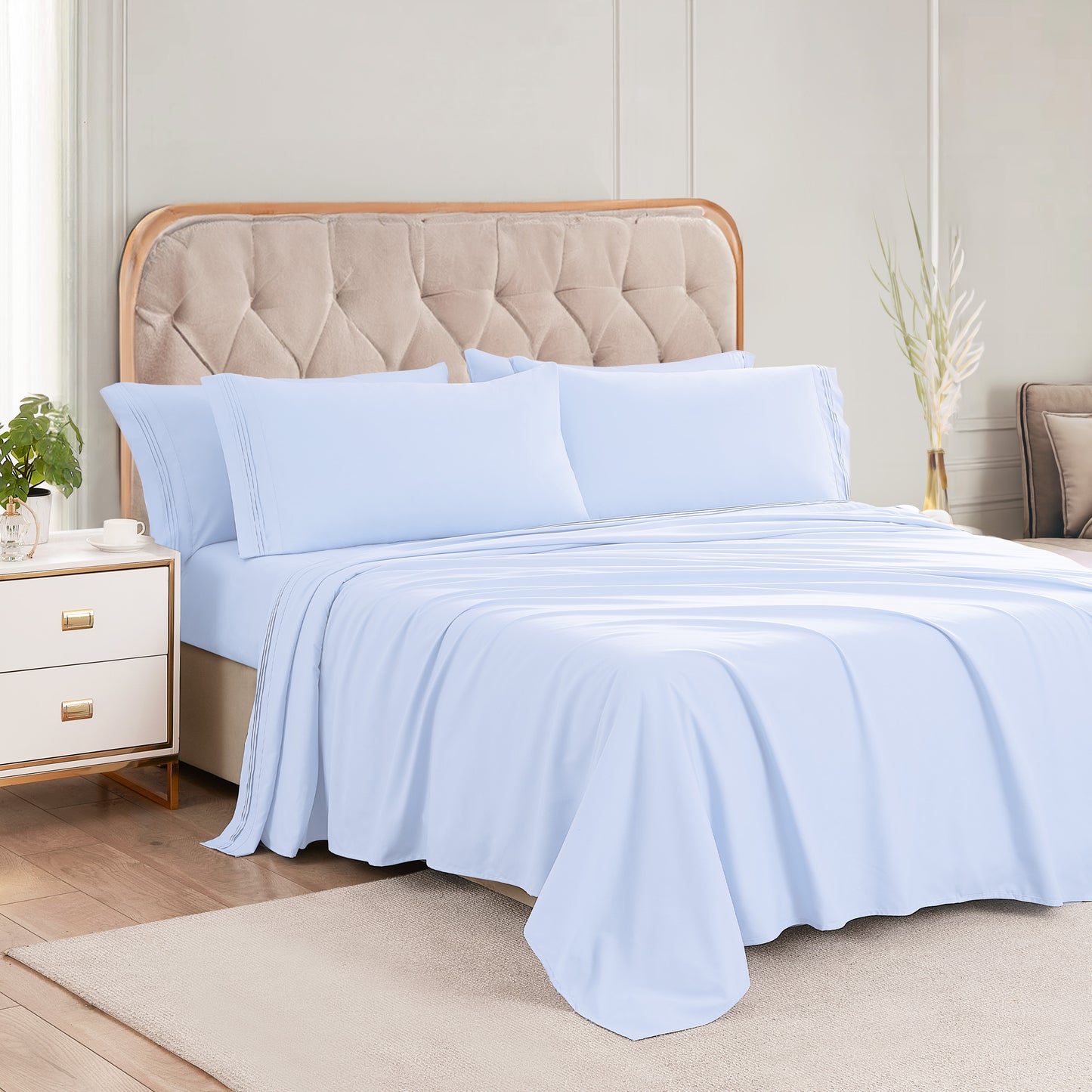 6 Piece Cooling Sheets Queen Set,Extra Deep Pocket White Queen Sheets & 4 Pillowcases,Breathable & Washable Queen Bedding Sheets,Wrap-around Elastic & Wrinkle Free Soft Queen Sheets