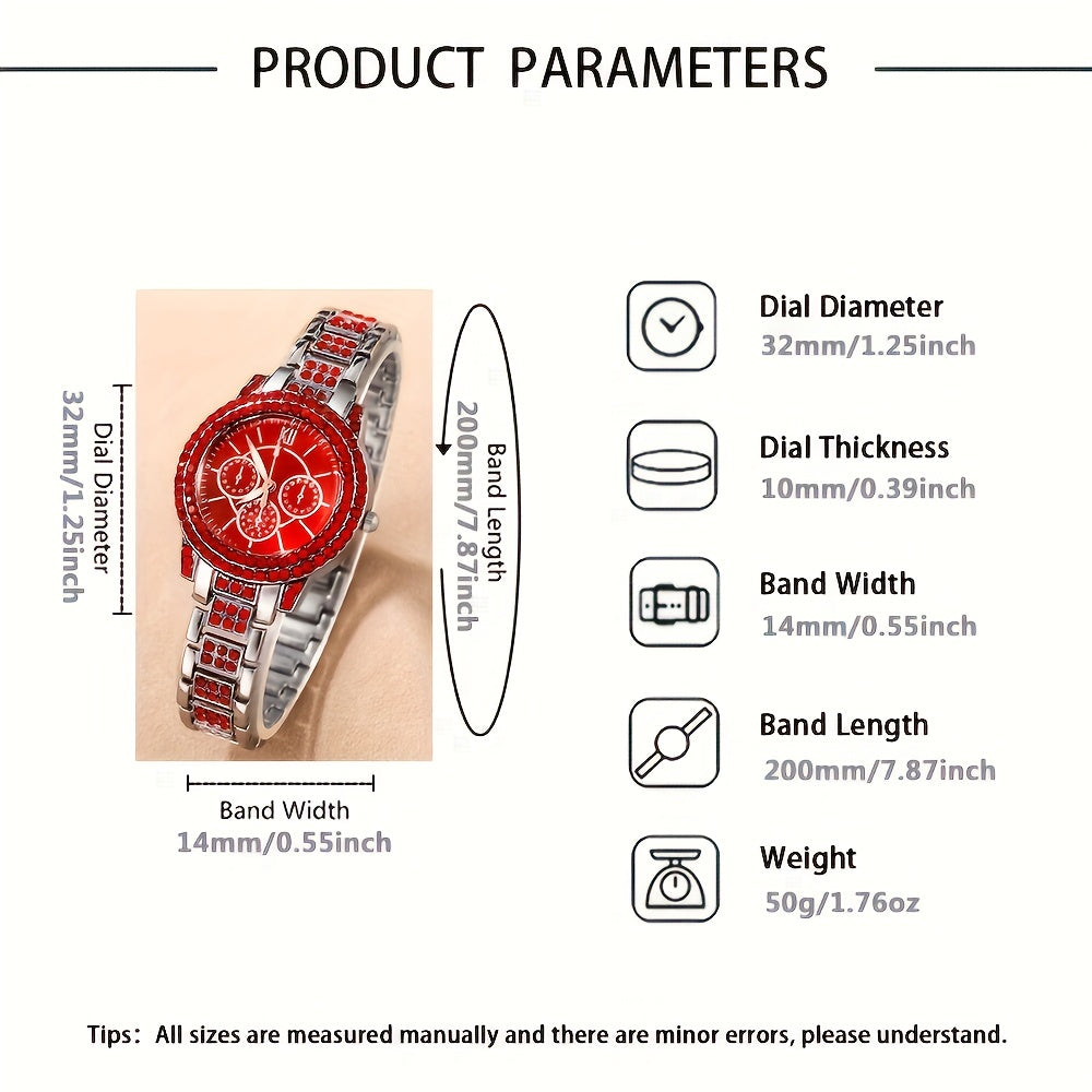 6 Pcs Sparkling Round Rhinestone Quartz Watches - Zinc Alloy Strap, Pointer, and Dial - Elegant Jewelry Gift Set for Women with Matching Necklace and Earrings