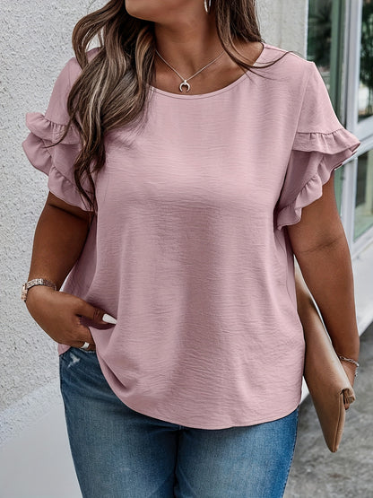 ZllKl Plus Size Solid Lettuce Trim Blouse, Casual Petal Sleeve Blouse For Spring & Summer, Women's Plus Size Clothing