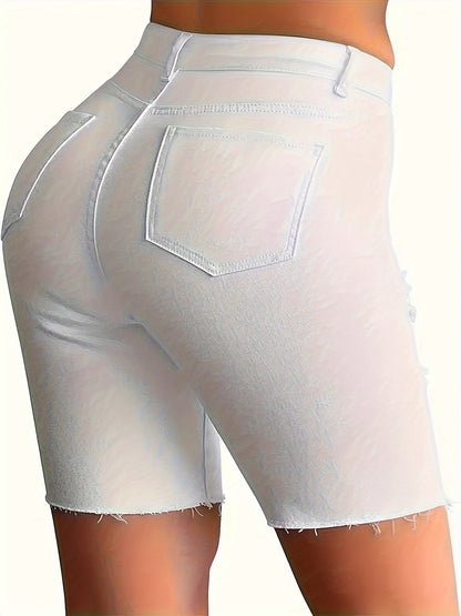 ZllKl  Women's Elegant White Ripped Denim Bermuda Shorts, Stretchy Knee-Length Jeans with Distressed Detail, Frayed Hem, Casual Fashion Summer Wear
