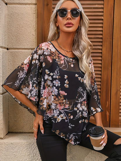 ZllKl Floral Print Asymmetrical Blouse, Elegant Crew Neck Summer Blouse, Women's Clothing
