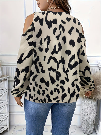 Plus Size Elegant V Neck Long Sleeve Blouse with Zip Front - Cold Shoulder, Non-Stretch Polyester Fabric, Random All Over Print, Perfect for Spring and Fall Seasons