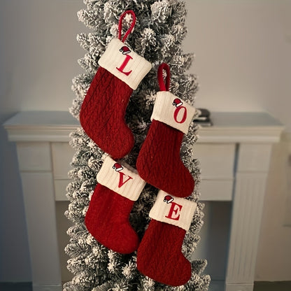 Classic Initial Mini Christmas Stockings, 1pc, Embroidered Alphabet Knit Red and White Themed Socks for Home, Christmas Tree, Mantel Decoration, No Feathers, Polyester - Festive Holiday Decor