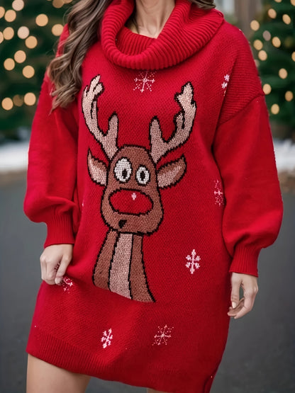 Plus Size Christmas Pattern Casual Long Sleeve Turtle Neck Sweater Dress for Fall & Winter Women's Clothing