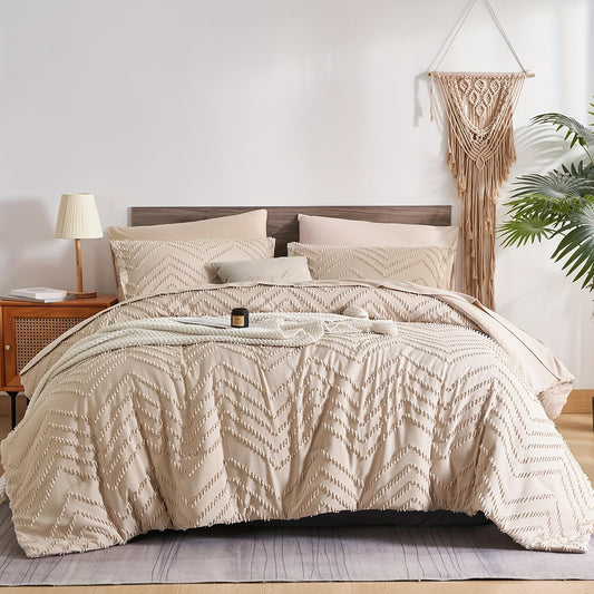 7-Piece Chevron Boho Chic Farmhouse Comforter Set - Soft, Lightweight, Tufted Microfiber Bedding for All Seasons with Queen and King Size Options - Easy Care, Hypoallergenic, and Breathable for a Comfortable Sleeping Experience
