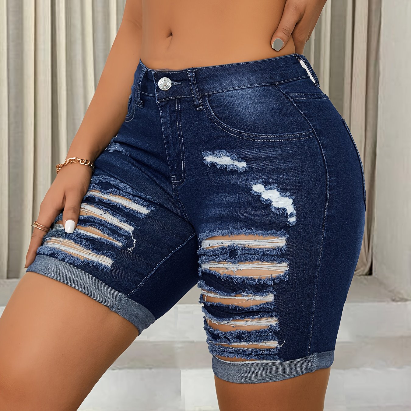 ZllKl  Women's Ripped Denim Shorts, Frayed Hem, Fashion Distressed Jean Bermuda Pants, Dark Blue, Chic Summer Wear