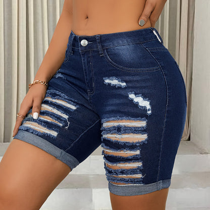 ZllKl  Women's Ripped Denim Shorts, Frayed Hem, Fashion Distressed Jean Bermuda Pants, Dark Blue, Chic Summer Wear