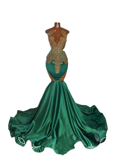 Emerald Green Mermaid Prom Dresses With Gold Appliques Sequins Sheer Jewel Neck Sparkly Crystal Beaded Black Girl Prom Gala Evening Gown Formal Dress for Women