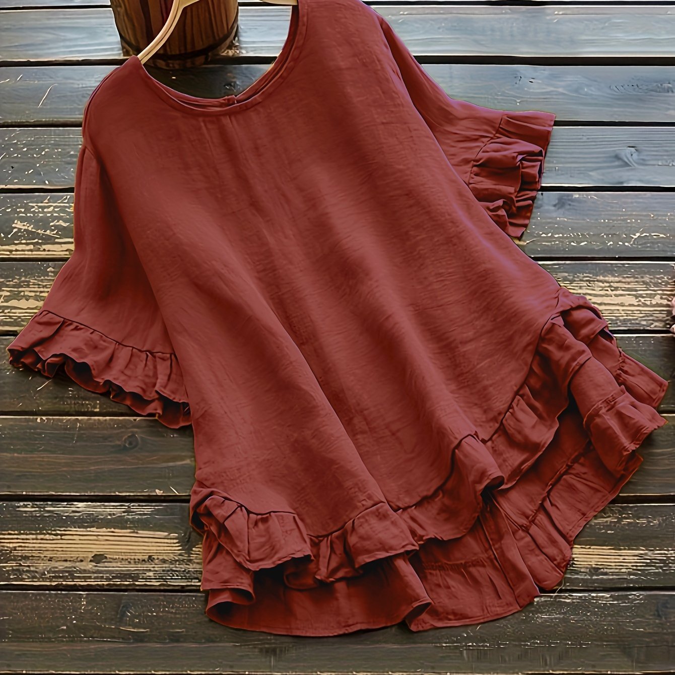 ZllKl Solid Button Back Ruffled Trim Blouse, Casual Short Sleeve Blouse For Spring & Summer, Women's Clothing