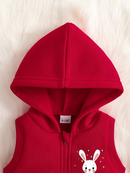 Festive Comfort, Cozy & Cute Girls' Christmas 3pcs Set: Fleece-Lined Hoodie, Sweatpants & Vest - Machine Washable Polyester, Perfect for Outdoor