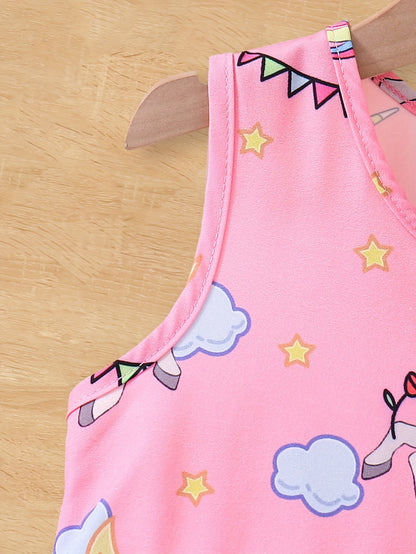 Adorable Girls Unicorn Cartoon Print Sleeveless Tunic Dress - Soft Polyester, Regular Fit, Machine Washable - Perfect for Summer Holidays and Casual Occasions