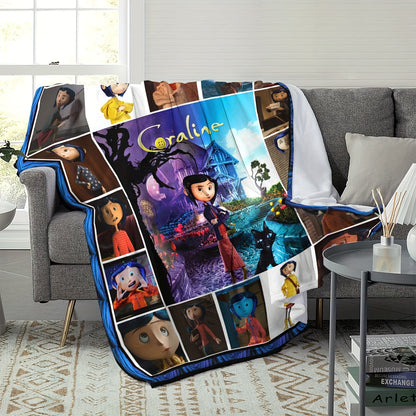 1pc UME Coraline Anime Cartoon Print Flannel Blanket, Soft Comfortable Contemporary Style Polyester Bedding for Sofa, Bed, Outdoor Travel - Machine Washable, Stain Resistant, All-Season Multipurpose Knitted Throw Blanket
