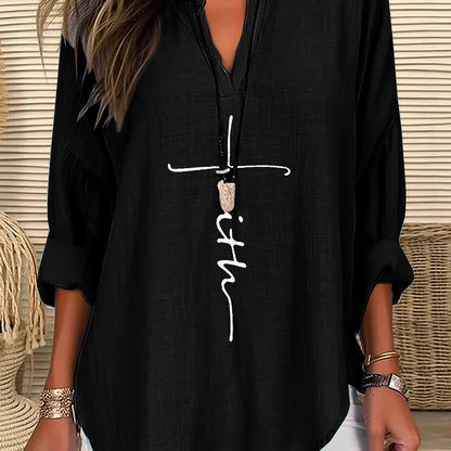 ZllKl Letter Print Notch Neck Blouse, Casual Long Sleeve Blouse For Spring & Fall, Women's Clothing