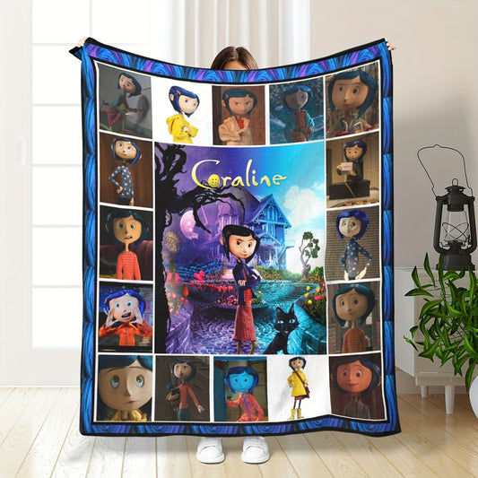 1pc UME Coraline Anime Cartoon Print Flannel Blanket, Soft Comfortable Contemporary Style Polyester Bedding for Sofa, Bed, Outdoor Travel - Machine Washable, Stain Resistant, All-Season Multipurpose Knitted Throw Blanket
