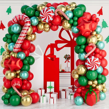 140pcs Golden Foil Latex & Aluminum Balloon Garland Arch Kit for Xmas Party Decorations with Candy Cane & Gift Box Balloons, Red, Green, Includes Balloon Tying Tools