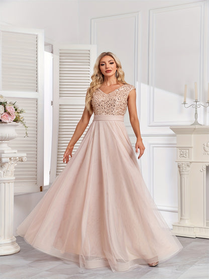 Long Sleeveless Elegant A-line Floor Length Sequin V-neck Formal Dress for Women - Shining Contrast Sequin Details, Micro Elasticity, and Loose Silhouette - Polyester Material, Hand Wash, and Perfect for Party & Banquet
