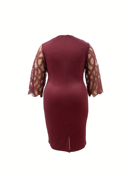 Plus Size Midi Fitted Bodycon Dress - Elegant Crew Neck, Three Quarter Sleeve, Slight Stretch, Contrast Sequin Stitching, Solid Color, Polyester, Hand Wash, Spring/Summer, Mature Occasion