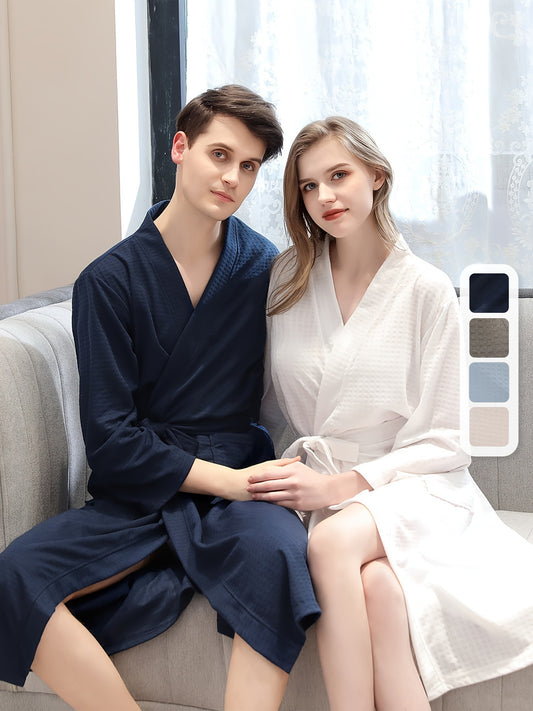 Men's Breathable Waffle Bathrobe Comfy Solid Color Summer Quick Drying Soft Thin Style Robe For Home Pajamas Wear Night-robe Sets After A Bath