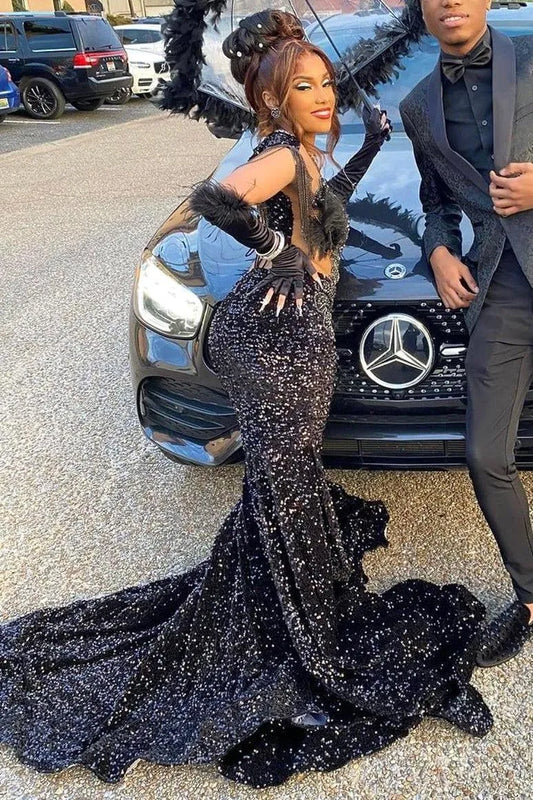 Sparkle Navy Blue Sequined Crystals Mermaid Prom Dresses For Black Girls  Evening Party Gowns Sheer Jewel Neck Beaded Vestidos de bal BC18586