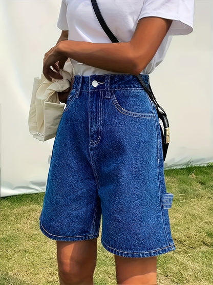 ZllKl  Blue Non-Stretch Denim Shorts, Slash Pockets Straight Legs Casual Short Denim Pants, Women's Denim Jeans & Clothing