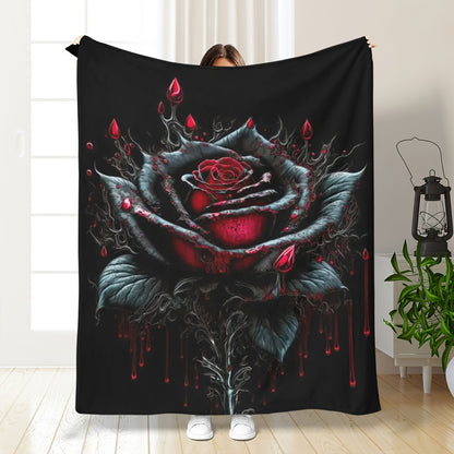 1pc Goth Black Rose Printed Flannel Blanket For Sofa Bed Office Shawl Cover Legs Picnic Camping Multi-purpose Comfortable Soft Blanket