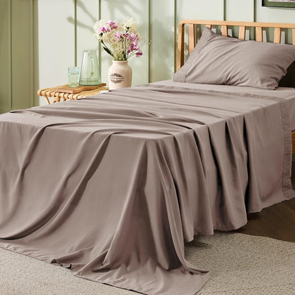 4pcs Luxurious Microfiber Sheet Set - 14" Deep Pocket, Exquisite Pinch Pleat, Shrink-Resistant, Fade-Resistant, Soft & Comfortable Bedding Set With Pillowcase, Flat Sheet, Fitted Sheet - Modern Design For All Season, Dorm Bedding For College Set