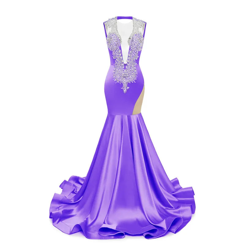 Royal Blue Mermaid Prom Dresses Sexy Sheer V Neck Beads Crystals Ruffles Long Evening Gowns Cutaway Sides Women Occasion Dress BM3502