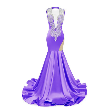 Royal Blue Mermaid Prom Dresses Sexy Sheer V Neck Beads Crystals Ruffles Long Evening Gowns Cutaway Sides Women Occasion Dress BM3502