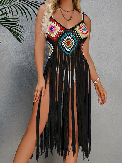 Chic Boho Tassel Fringe Dress - V Neck Semi-Sheer Beachwear - Flowy Swimwear for Women - Carnival & Music Festival Ready