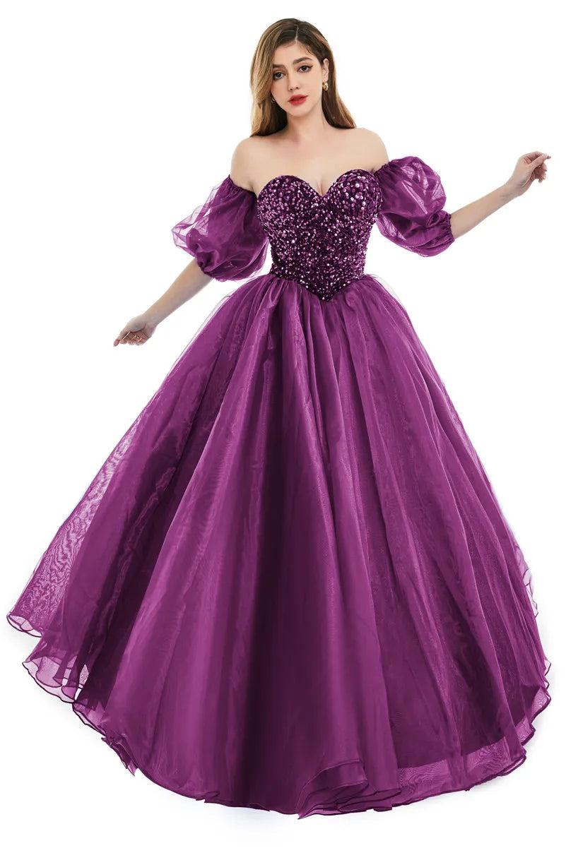 Sexy Backless Royal Blue A Line Prom Dresses  New Sequins Beads Sweetheart Corset Back Evening Quinceanera Gowns With Poet Sleeves BM3503