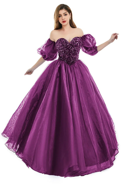Sexy Backless Royal Blue A Line Prom Dresses  New Sequins Beads Sweetheart Corset Back Evening Quinceanera Gowns With Poet Sleeves BM3503
