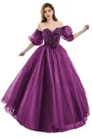 Sexy Backless Royal Blue A Line Prom Dresses  New Sequins Beads Sweetheart Corset Back Evening Quinceanera Gowns With Poet Sleeves BM3503
