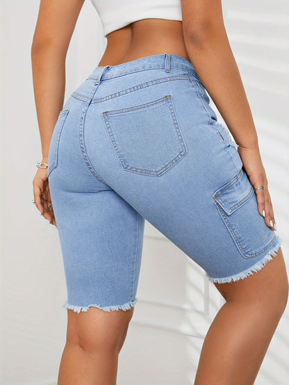 ZllKl  Ripped Side Flap Pocket Cargo Denim Shorts, Raw Hem Distressed Plain Washed Blue High Rise Bermuda Denim Shorts, Women's Denim Jeans & Clothing