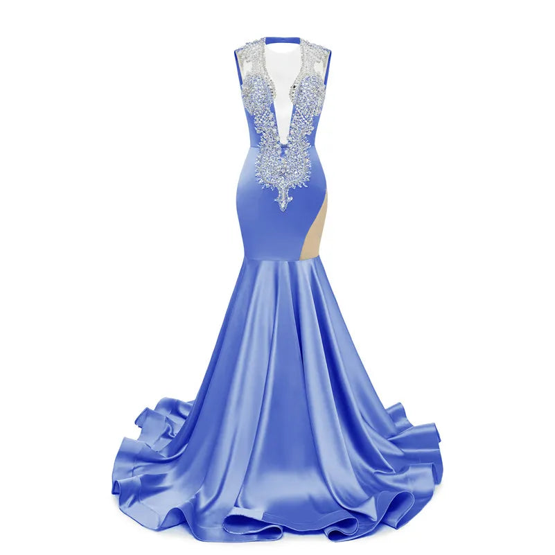 Royal Blue Mermaid Prom Dresses Sexy Sheer V Neck Beads Crystals Ruffles Long Evening Gowns Cutaway Sides Women Occasion Dress BM3502