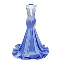 Royal Blue Mermaid Prom Dresses Sexy Sheer V Neck Beads Crystals Ruffles Long Evening Gowns Cutaway Sides Women Occasion Dress BM3502