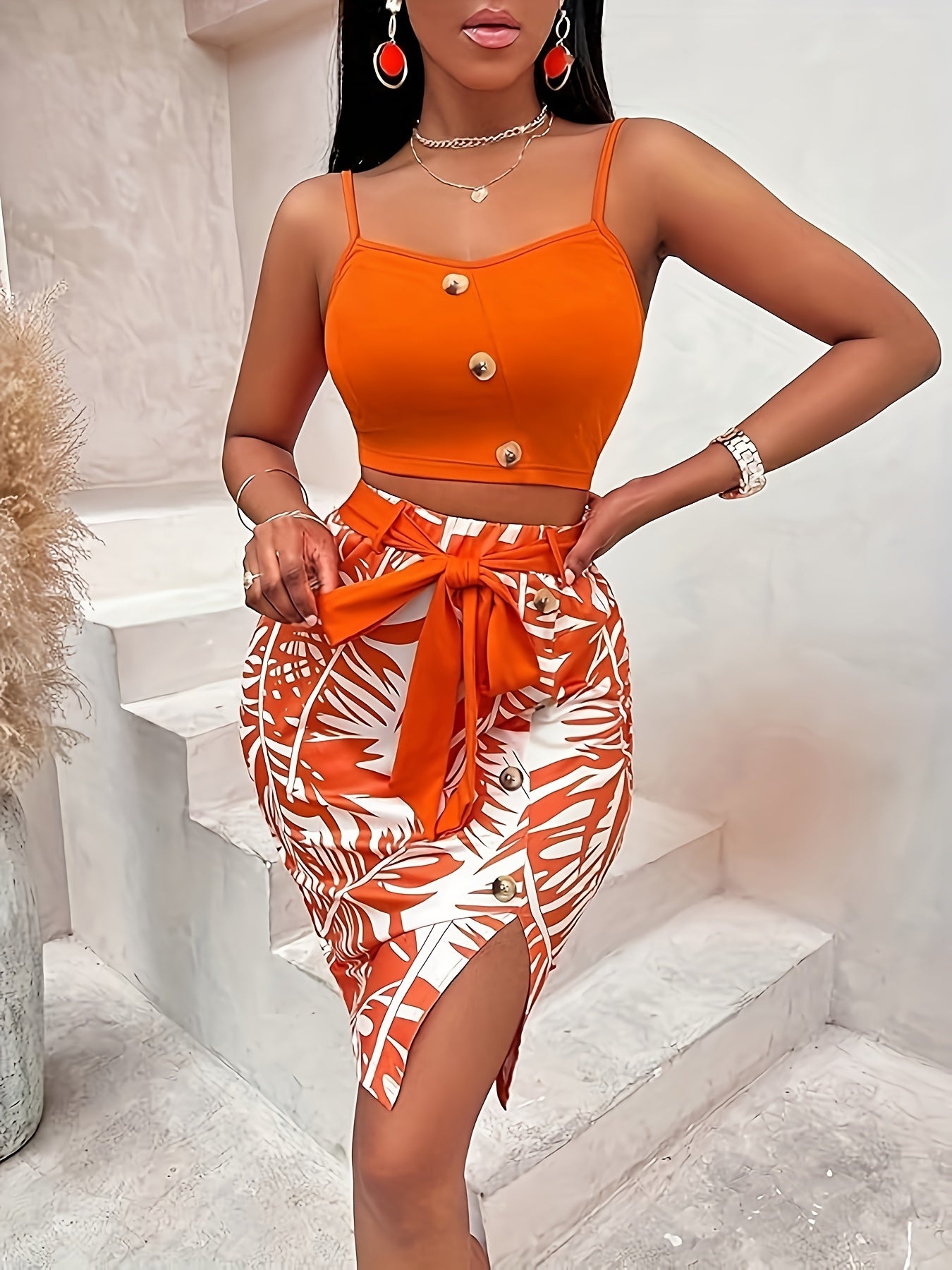 Tropical Two-Piece Skirt Set - Low Cut Neck Crop Cami Top & Split Hem Bodycon Skirt Outfit with Button Decor, Slight Stretch Fabric, and Pullover Design - Perfect for Spring/Summer, Sexy and Confident Womens Clothing