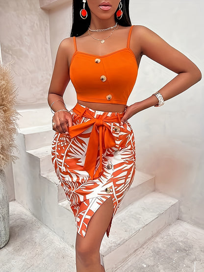 Tropical Two-Piece Skirt Set - Low Cut Neck Crop Cami Top & Split Hem Bodycon Skirt Outfit with Button Decor, Slight Stretch Fabric, and Pullover Design - Perfect for Spring/Summer, Sexy and Confident Womens Clothing