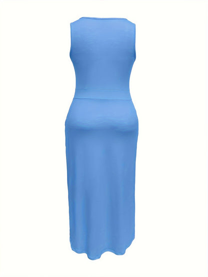 Plus Size Chic Solid Slim Belted Tank Maxi Dress - Comfortable Sleeveless Design for Spring & Summer - Women's Casual Wear for Curvy Figures