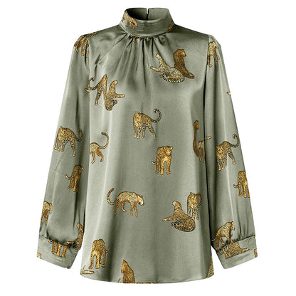 Women Satin Elegant Blouses Tiger Print Long Sleeve Shirts Tunic Summer Stand Collar Party Top Casual Blusas Femininas