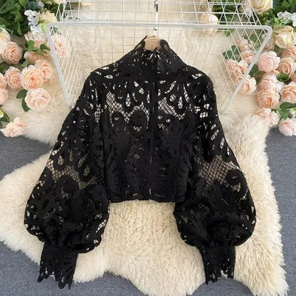 Neploe Lace Sexy Hollow Out Stand Collar Shirt Solid Color  All-match Zip Femme Blusas Chic Lantern Sleeve Women Blouses 210315