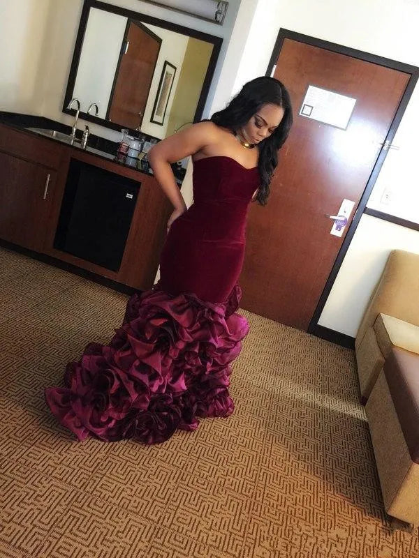 Burgundy Long Mermaid Prom Dresses Rose Floral Flowers Tiered Sweetheart Velvet Plus Size Formal Party Gowns Evening Dress Vestios