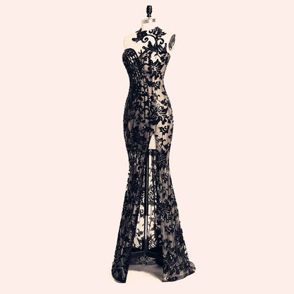 Elegant Beading Split Evening Dresses Rami Salamoun Appliqued High Neck Mermaid Sequins Long Prom Dress Real Images Formal Gowns