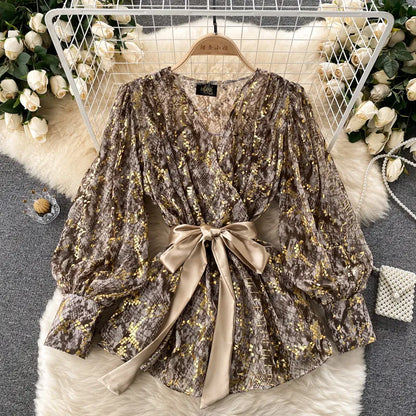 SINGREINY Women Design Mesh Blouse Korean Fashion Bow Collar Lantern Sleeve Tops Autumn Casual Loose Chic Streetwear Blouses 220407