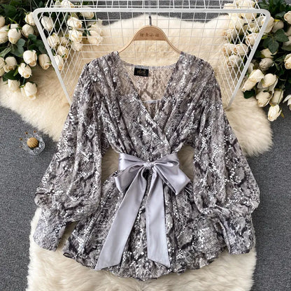 SINGREINY Women Design Mesh Blouse Korean Fashion Bow Collar Lantern Sleeve Tops Autumn Casual Loose Chic Streetwear Blouses 220407