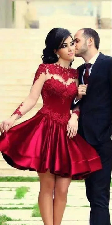 Retro Elegant High Neck Puffy Burgundy Short Mini Prom Dresses Party Dresses Appliques Sheer Back Long Sleeves Satin Cocktail Party Dresses